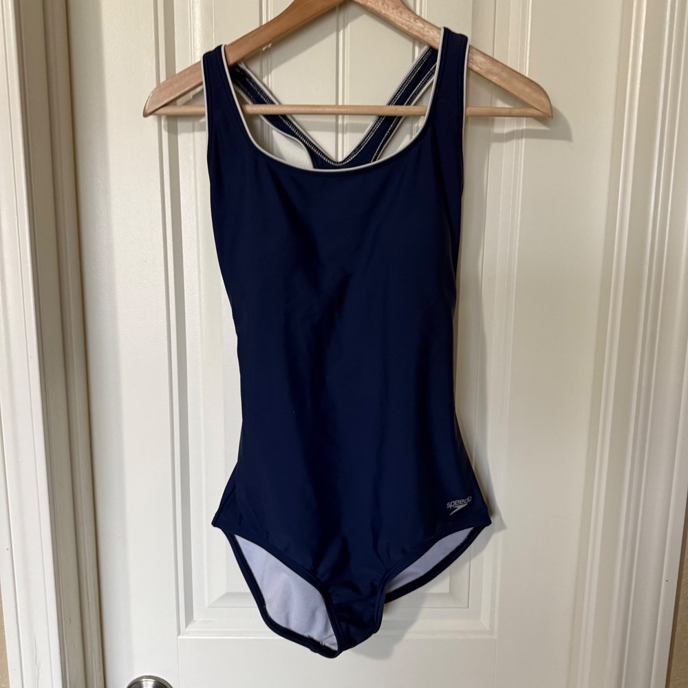 Speedo One Piece Swimsuit Women Medium Navy Blue Excellent Racerback Athletic‎ - Picture 3 of 6